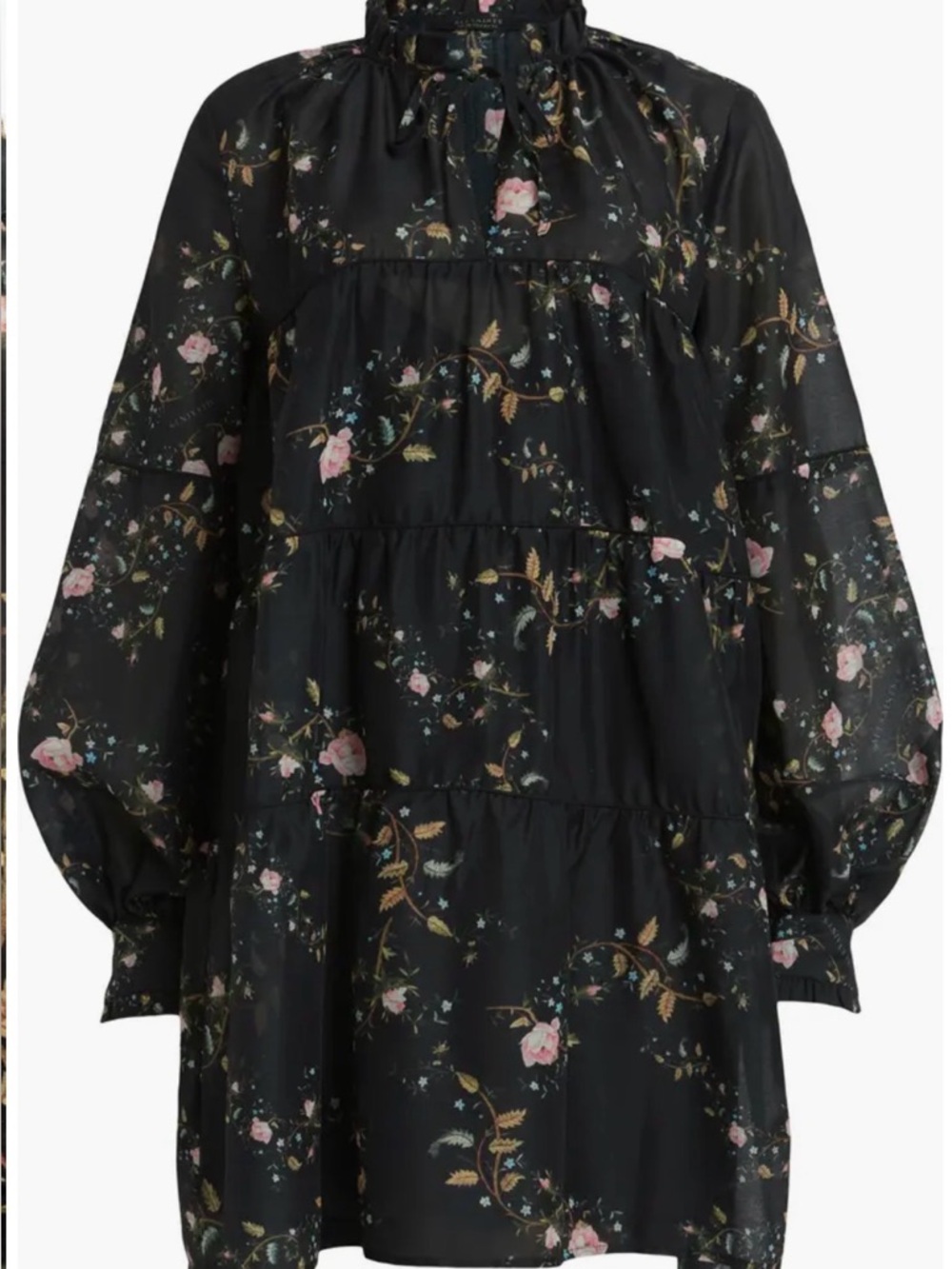 AllSaints Mandy Oto Mini Dress US 6 Black Floral Tiered Ruffle Neck Boho - Picture 4 of 8